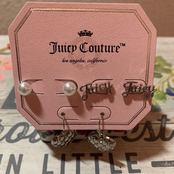 Juicy Couture Set of 3 Pearl-Logo Heart Earrings - Picture 1 of 3